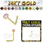 iu3gjz 14kt gold l shaped nose pin 22g claw set round cz