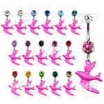 j610s0 steel belly ring w dangling pink color painted bird lengt belly piercing