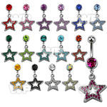 j610tt steel belly ring w dangling crystal studded star length belly piercing