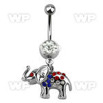 j610yl4 steel belly ring w dangling elephant crystals in an usa belly piercing