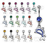 j611mel steel belly ring w dangling crystal studded twin dolphin belly piercing