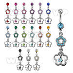 j616d1 steel belly ring w dangling two linked flower designs cry belly piercing