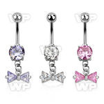 j61g0pt steel belly ring w dangling dangling prong set cz bow belly piercing