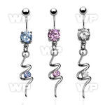 j61gez steel belly ring w dangling swirlround cz stone length belly piercing