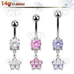 j61gzk0 steel belly ring w dangling dangling small cz flower belly piercing