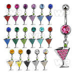 j61j7ak steel belly ring w dangling crystal martini glass length belly piercing