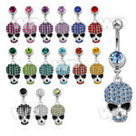 j61lkk 316l steel belly ring w a dangling crystal studded skull belly piercing