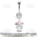 j61lkp steel belly ring w dangling flower shaped swarovski cryst belly piercing