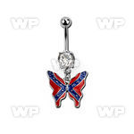 j61spyf steel belly ring w dangling dangling butterfly in color belly piercing