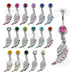 j61syt steel belly ring w dangling bird wing design crystals on belly piercing