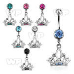 j61y09 steel belly ring w dangling crystal studded crown length belly piercing