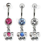 j61z99 steel belly ring w dangling flowerbig central crystal len belly piercing