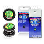m2jmle black magnetic fake plug green marijuana on rasta logo belly piercing