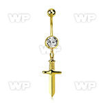 mdk768 gold plated steel belly banana w jewel ball & dagger 