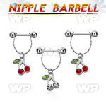 npdl10 steel nipple barbell w chain dangling crystal cherry