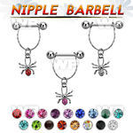npdl14 steel nipple barbell w chain dangling crystal spider 