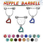 npdl17 steel nipple barbell w chain dangling w crystal heart