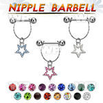 npdl18 steel nipple barbell w chain dangling crystal star 