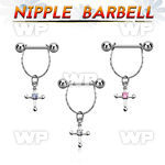 npdl21 steel nipple barbell w chain dangling cross w cz 
