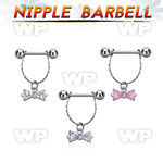 npdl25 steel nipple barbell w chain cubic zirconia bow 