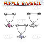 npdl26 steel nipple barbell w chain dangling heart shaped cz