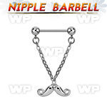 npdl38 steel nipple barbell w dangling happy mustache design