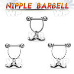 npdl40 steel nipple barbell w dangling happy mustache design