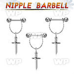 npdl47 steel nipple barbell w 5mm balls  small chain w dagger