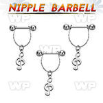 npdl8 steel nipple barbell w chain dangling musical note 