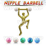 nptd13 gold pvd plated nipple barbell w opal balls hanging man 