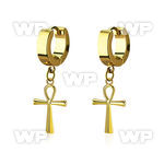 pair gold steel huggies earrings w dangling ankh cross 