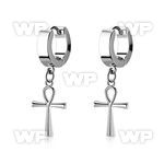 pair of steel huggies earrings w a dangling ankh cross 