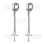 pair of steel huggies earrings w dangling ankh crosses 