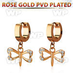 rose gold steel earring w dangling small dragonfly