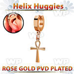 rose gold steel helix huggie w a dangling ankh cross 
