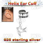 silver helix ear cuff w a rope edge w a bird dangling 