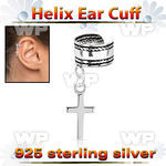 silver helix ear cuff w a rope edge w a cross dangling 