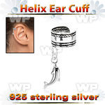 silver helix ear cuff w a rope edge w a dolphin dangling 