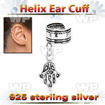 silver helix ear cuff w a rope edge w a hamsa dangling