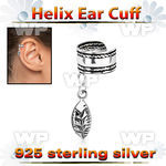 silver helix ear cuff w a rope edge w a leaf dangling