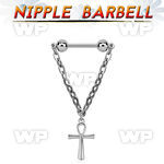 steel nipple barbell w chain & dangling ankh cross 