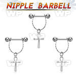 steel nipple barbell w small chain & dangling ankh cross