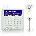 u4gx6 box w silver 925 nose bone 3mm heart shaped clear prong nose piercing